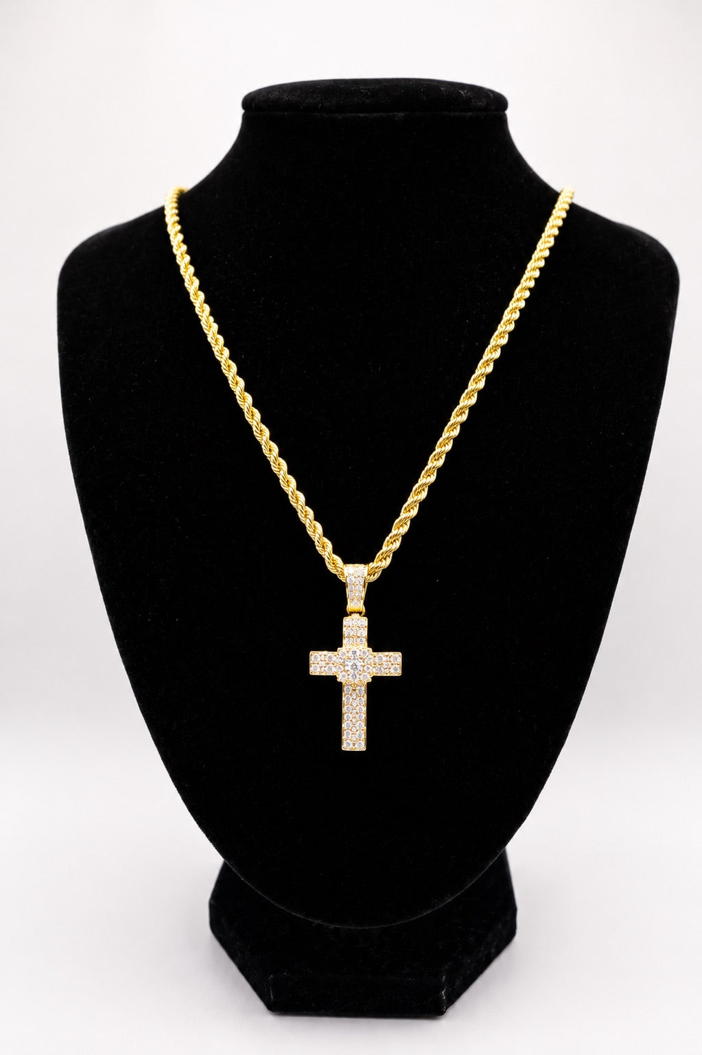 14K Yellow Gold Hollow Rope Chain with Natural Diamond cross - 2mm/32inches/16.33g